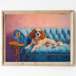 King Charles Spaniel mit Champagner Druck | Niedliches schrulliges wunderliches | Cocktail Bar Warenkorb Dekor | Kunstdruck | Trendy Home Wand Kunst Geschenk
