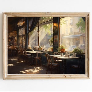 Cafetería francesa de inspiración vintage / Pintura al óleo de tono suave para pared / Impresión de bellas artes