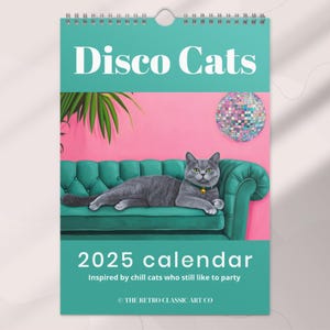 壁掛けカレンダー 2025 | 月間ディスコ キャット カレンダー | ディスコ ボール ウォール アート | トレンディな猫カレンダー ギフト | キュートで風変わりな気まぐれな