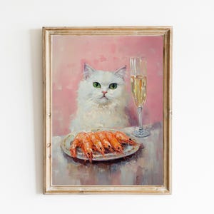 シャンパンとエビを持つファンシーな猫のアートプリント | キュートで風変わりな気まぐれ | カクテルアートバーカートの装飾 | ファインアートプリントギフト | トレンディなホームウォール