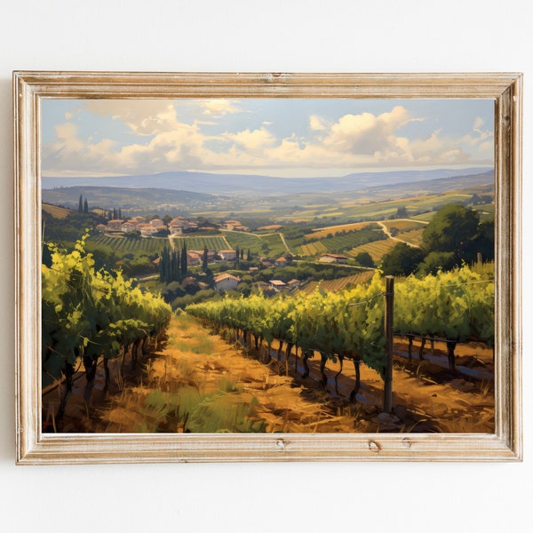 Vintage Inspired Tuscan Vineyard Countryside Downloadable Print | Soft Tone Oil Painting Wall Art | Countryside Oil Painting Retro Aesthetic