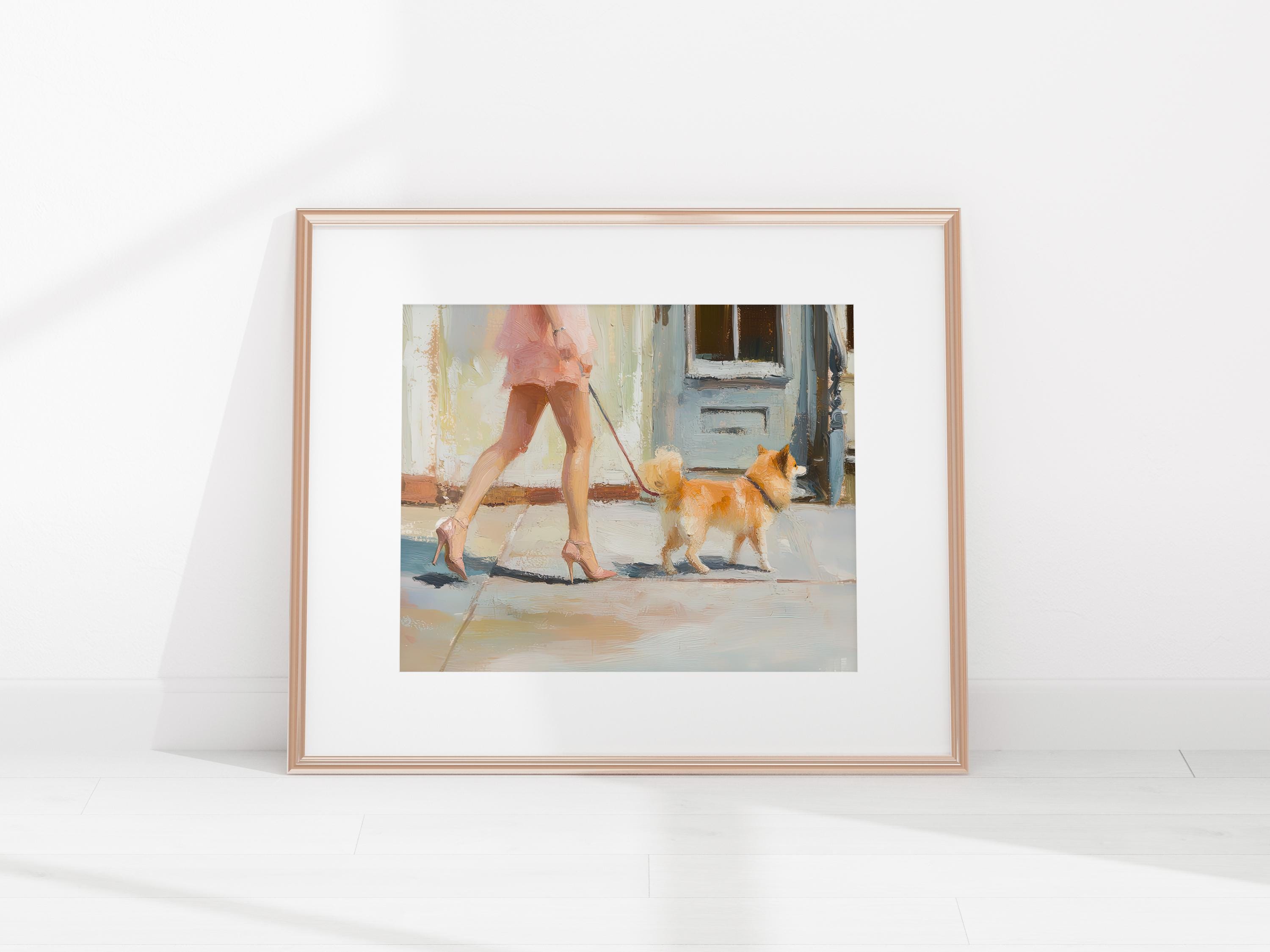 Pink Dress Pomeranian Walk Art Print | Pomeranian Wall Art | Girly Pink Wall Art | Cute Quirky Whimsical | Pom Mom Gift | Trendy Wall Art