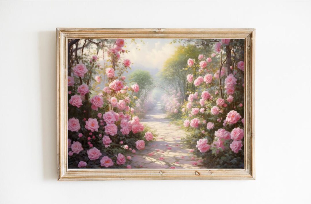 English Rose Garden Art Print: Cottagecore Pink Floral Wall Decor ...
