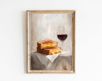 Grilled Cheese and Red Wine Art Print | Cute Quirky Whimsical | Cocktail Art Bar Cart Decor | Grilled Cheese Art Gift | Trendy Home Wall Art
