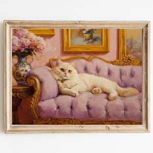 ファンシーな白い猫とピンクのアジサイのアートプリント | キュートで風変わりな気まぐれ | カクテルアートバーカートの装飾 | ファインアートプリントギフト