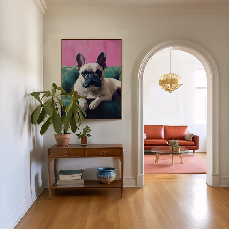 Vintage Inspired French Bulldog on Green Sofa Soft Tone Oil Painting