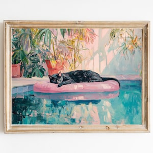 Schwarze Katze am Pool in Pink Float-Kunstdruck | Niedliches schrulliges wunderliches | Barwagen Dekor | Fine Art Print Geschenk | Moderne Kunst