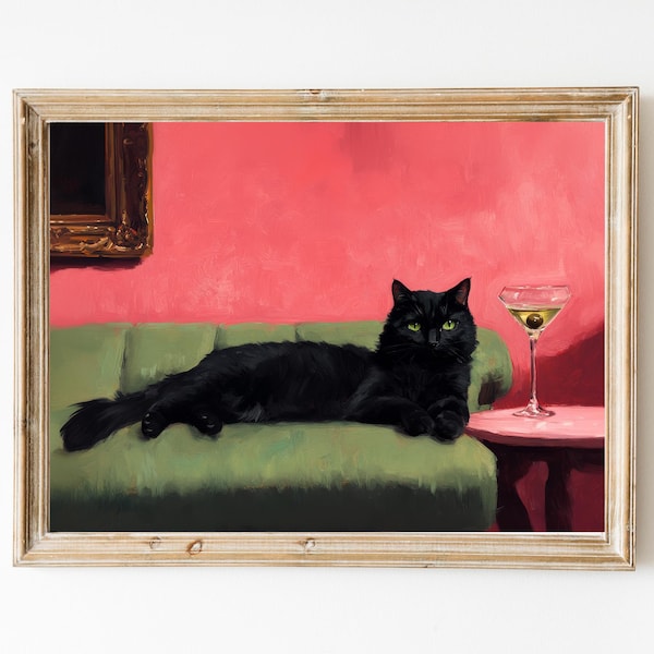 Black Cat with Martini Art Print | Modern Whimsical Cat Illustration | Cocktail Bar Wall Art | Fine Art Print