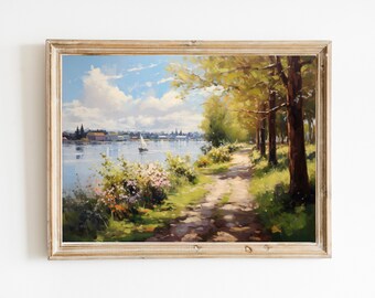 Vintage Inspired European River Canal Bike Path Downloadable Print | Soft Tone Oil Painting Wall Art | European Painting Retro Aesthetic