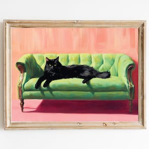 Freche schwarze Katze auf grünem Sofa | Niedliches schrulliges wunderliches | Cocktail Art Bar Warenkorb Dekor | Fine Art Print Geschenk | Moderne Kunst