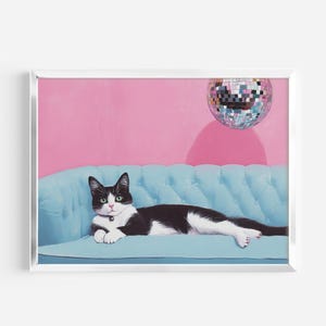 Smoking Katze und Discokugel Kunstdruck | Niedliches schrulliges wunderliches | Cocktail Art Bar Warenkorb Dekor | Fine Art Print Geschenk | Trendy Home Wand Kunst Druck