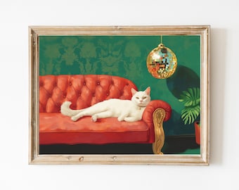White Cat with Disco Ball Art Print | Cute Quirky Whimsical | Cocktail Art Bar Cart Decor | Fine Art Print | Trendy Home Wall Art Gift