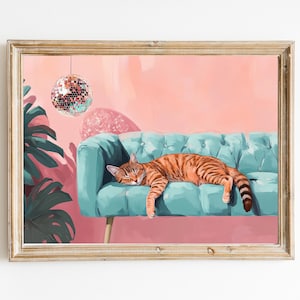 Getigerte Katze Disco Ball Kunstdruck | Niedliches schrulliges wunderliches | Cocktail Art Bar Warenkorb Dekor | Fine Art Print Geschenk | Trendy Home Wand Kunst Druck
