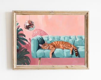 Tabby Cat Disco Ball Art Print | Cute Quirky Whimsical | Cocktail Art Bar Cart Decor | Fine Art Print Gift | Trendy Home Wall Art Print