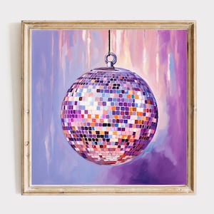 Disco Ball Downloadable Print | Girly Pink Purple Wall Art | Party Oil Painting Retro Aesthetic