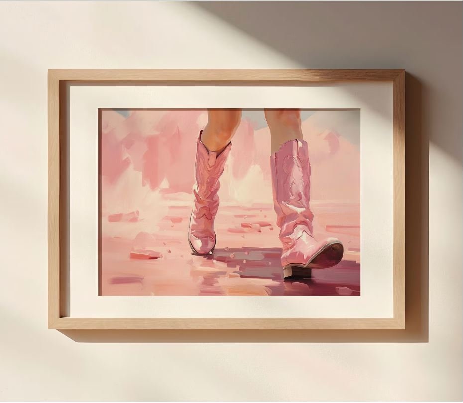 Cowgirl In Pink Boots | Cowgirl Decor | Trendy Wall Art | Retro Western Print | Girly Pink Wall Art | Coquette Elegant Oil Painting