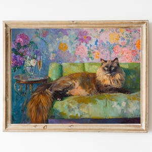 Maine Coon Katze mit Champagner Kunstdruck | Niedliches schrulliges wunderliches | Cocktail Art Bar Warenkorb Dekor | Fine Art Print Geschenk | Moderne Kunst