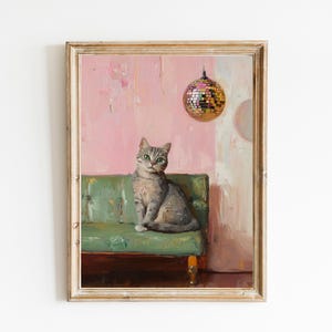 Getigerte Katze mit Discokugel Kunstdruck | Niedliches schrulliges wunderliches | Cocktail Art Bar Warenkorb Dekor | Fine Art Print Geschenk | Trendy Home Wand Kunst Druck