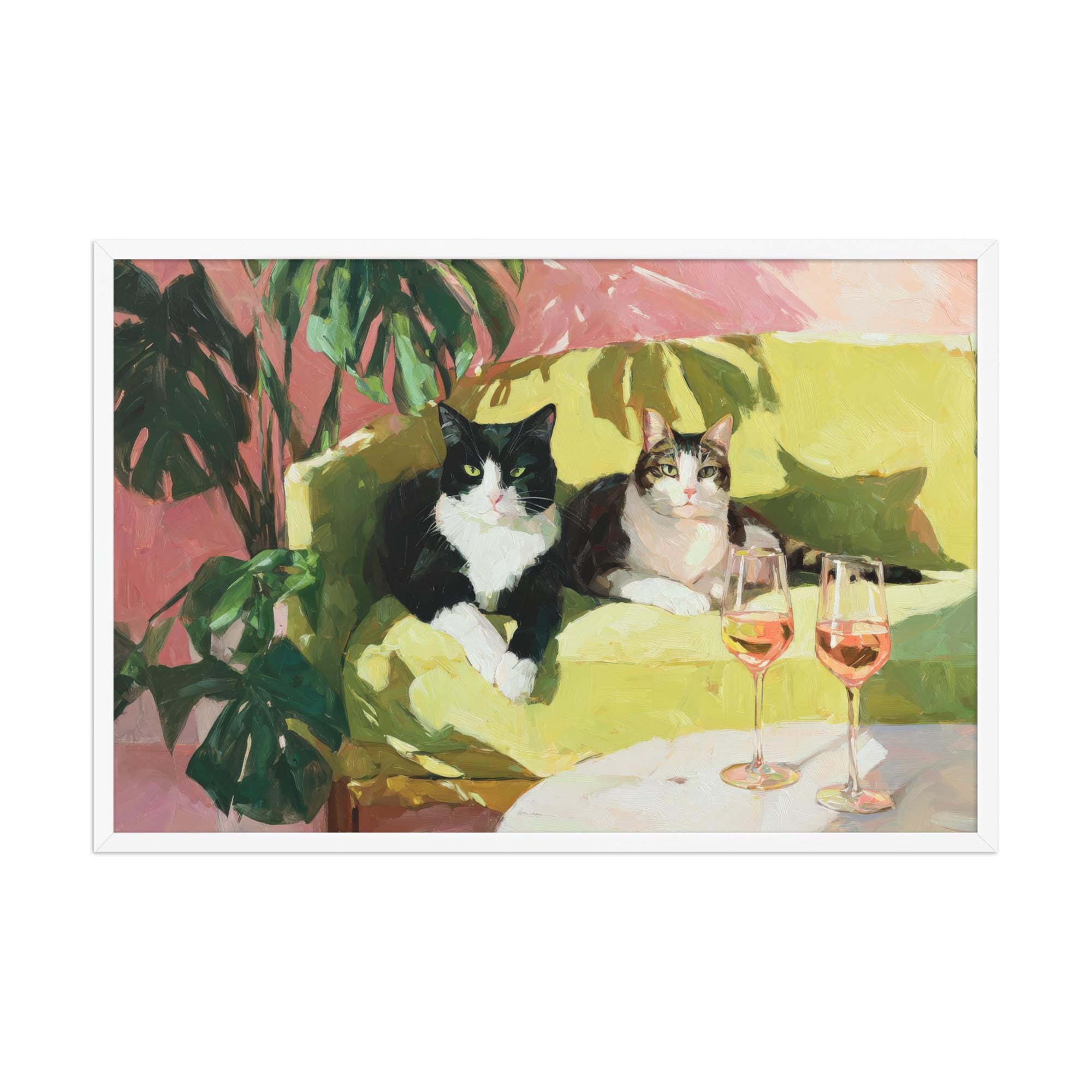 Tuxedo and Tabby Cat Rosé Art Print | Cute Quirky Whimsical | Cocktail ...