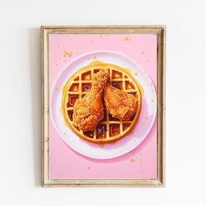 チキンとワッフルのピンクの油絵 | キュートで風変わりな気まぐれ | カクテルアートバーカートの装飾 | フライドチキンとワッフルのアートプリントギフト