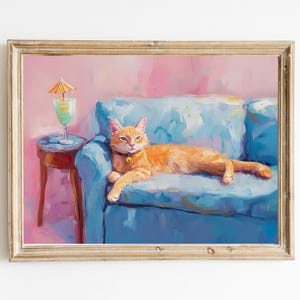 Ginger Cat with Tropical Cocktail with Umbrella Art Print | Cute Quirky Whimsical | Cocktail Art Bar Cart Decor | Trendy Home Wall Art
