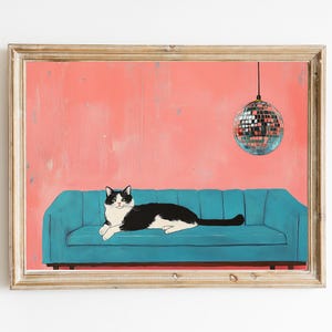 Smoking Katze mit Discokugel Kunstdruck | Niedliches schrulliges wunderliches | Cocktail Art Bar Warenkorb Dekor | Fine Art Print Geschenk | Kunstvoller Wanddruck