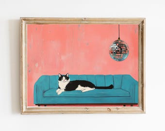 Tuxedo Cat with Disco Ball Art Print | Cute Quirky Whimsical | Cocktail Art | Bar Cart Decor | Fine Art Print Gift | Trendy Home Wall Art