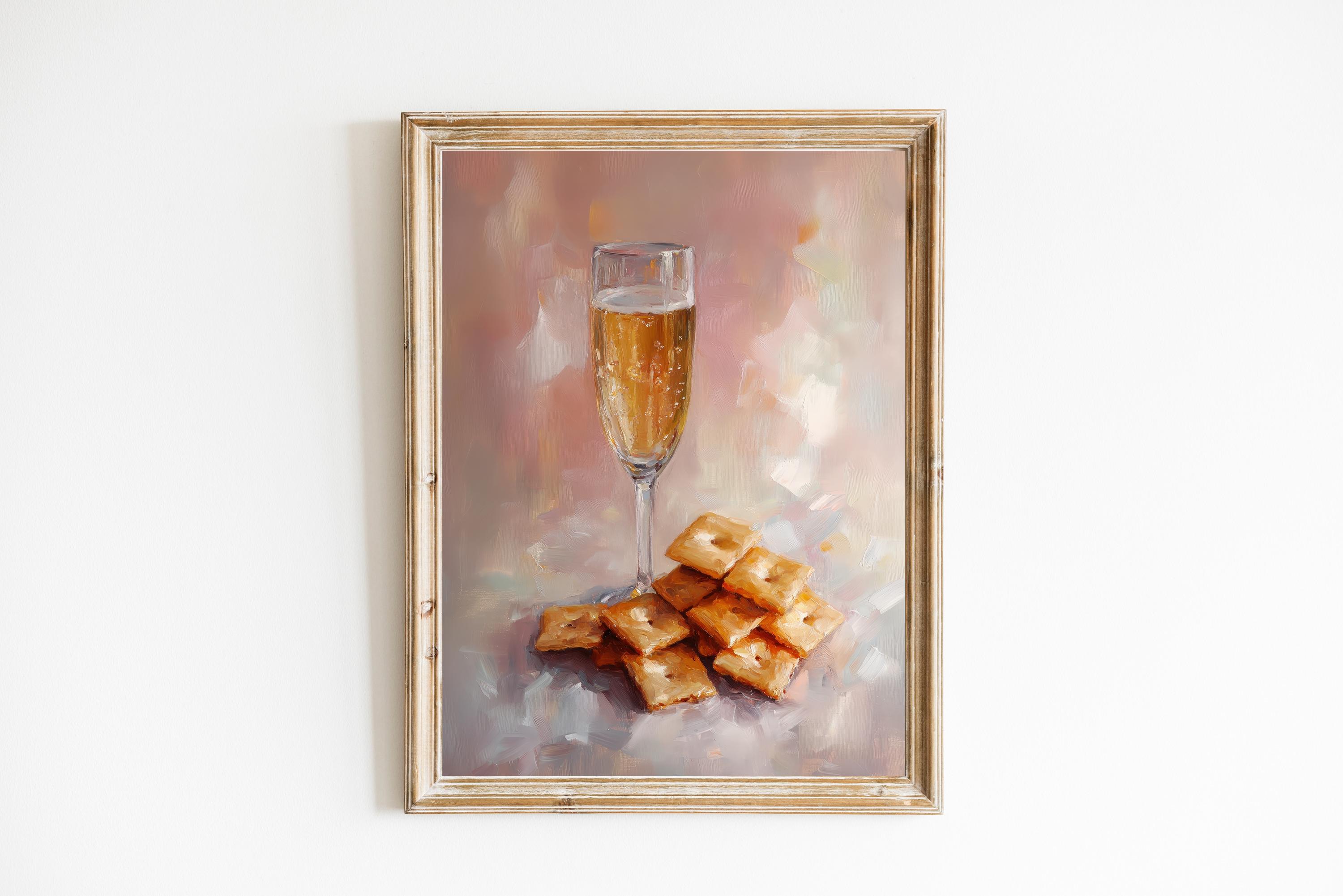 Champagne and Cheese Crackers Art Print | Cute Quirky Whimsical | Cocktail Art Bar Cart Decor | Trendy Home Wall Art | Champagne Wall Art