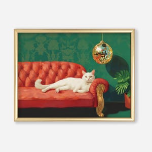 Witte kat met discobal-kunstprint | Schattig eigenzinnig grillig | Cocktail Art Decor Barwagen | Cadeau kunstafdruk | Trendy muurkunstprint voor in huis