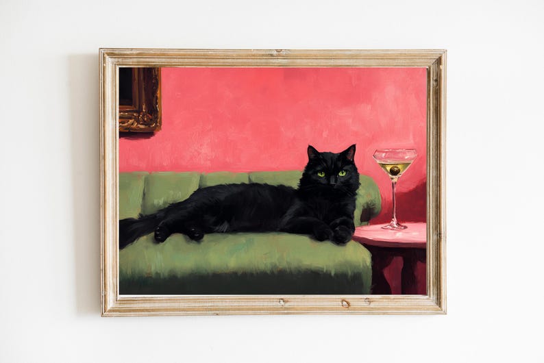 18 x 24 Black Cat with Martini Art Print | Cute Quirky Whimsical | Cocktail Art Bar Cart Decor | Fine Art Print Gift