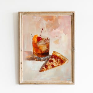 Old Fashioned Cocktail mit Pizzastück Kunstdruck | Niedliches schrulliges wunderliches | Cocktail Bar Warenkorb Dekor | Pizza Geschenk | Moderne Kunst