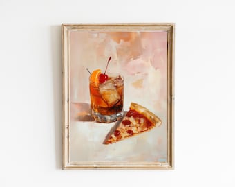 Old Fashioned Cocktail mit Pizzastück Kunstdruck | Niedliches schrulliges wunderliches | Cocktail Bar Warenkorb Dekor | Pizza Geschenk | Moderne Kunst
