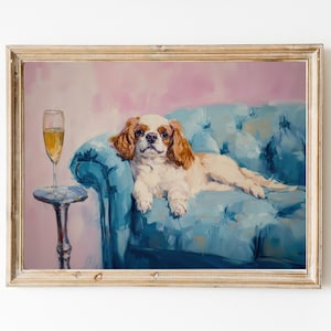 King Charles Spaniel mit Champagner Druck | Niedliches schrulliges wunderliches | Cocktail Bar Warenkorb Dekor | Fine Art Print Geschenk | Moderne Kunst