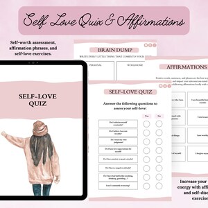 May include: A pink and white printable self-love quiz and affirmation worksheet. The quiz asks questions about self-criticism, judgment, and expectations. The affirmations include phrases like "I am beautiful" and "I am worthy".