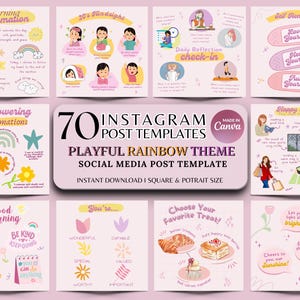 Könnte beinhalten: Eine Sammlung von 70 Instagram-Post-Vorlagen mit einem verspielten Regenbogen-Thema. Die Vorlagen umfassen Affirmationen, tägliche Reflexionsaufforderungen und Selbstpflege-Erinnerungen. Das Design zeigt Pastellfarben und skurrile Illustrationen.