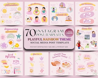 Rainbow Instagram Templates: 70 Canva Editable Social Media Posts (Digital Download)