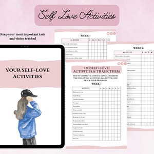 May include: A digital planner with a pink background and the text "Self Love Activities" at the top. The planner includes a section for "Your Self-Love Activities" with an illustration of a person wearing a blue jacket and a black baseball cap. The planner also includes a section for "Do Self-Love Activities & Track Them" with a weekly tracker for self-care activities.