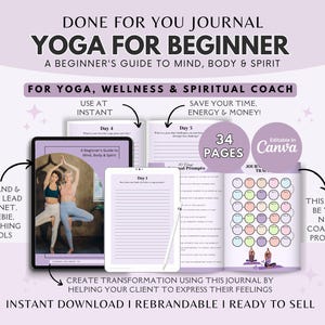 Yoga Journal Prompts: Beginner Coaching Tools, Editable Canva Template (PDF Download)