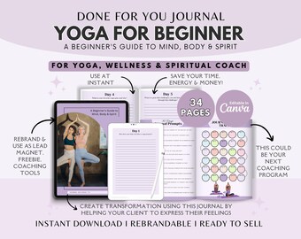 Yoga Journal Prompts: Beginner Coaching Tools, Editable Canva Template (PDF Download)
