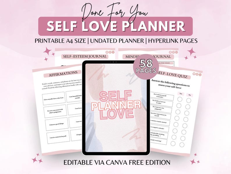 58-Page Self Love Planner: Daily Affirmations, Gratitude Journal (PLR Digital Download) image 1