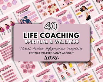 Wellness & Spiritual Infographics: Social Media Templates for Coaches (Canva Editable, 40 Posts)