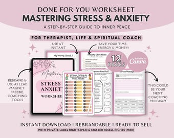 Stress & Anxiety Workbook: Coaching Tools, Editable Canva Template (PDF Download)