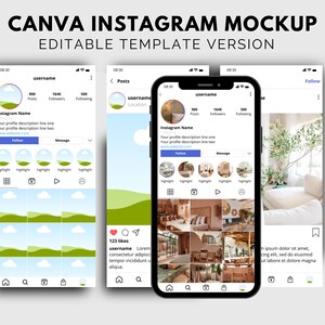Op de afbeelding: Een mockup van een Instagram-profiel en -berichten op drie smartphoneschermen. De schermen tonen een profiel met een profielfoto, volgersaantallen en een feed met afbeeldingen. De tekst "CANVA INSTAGRAM MOCKUP EDITABLE TEMPLATE VERSION" staat bovenaan.
