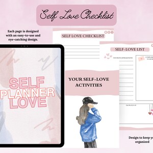May include: A digital planner with a pink and blue watercolor background. The text "Self Planner Love" is in pink letters. The planner includes sections for self-love activities, affirmations, and compliments.