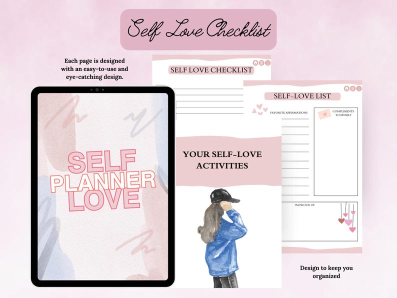 May include: A digital planner with a pink and blue watercolor background. The text "Self Planner Love" is in pink letters. The planner includes sections for self-love activities, affirmations, and compliments.