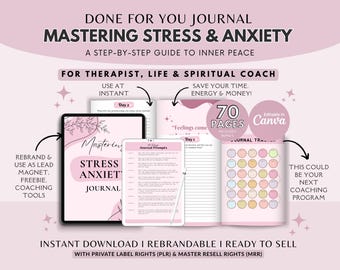Stress & Anxiety Journal: 30-Day Mental Health Prompts (Canva Template, PLR)
