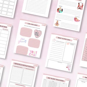 May include: A set of printable pink and white planner pages with various self-care and wellness themes. The pages include sections for tracking thoughts, mood, sleep, and mindfulness. There are also sections for self-love lists, un-do lists, and brain dumps.
