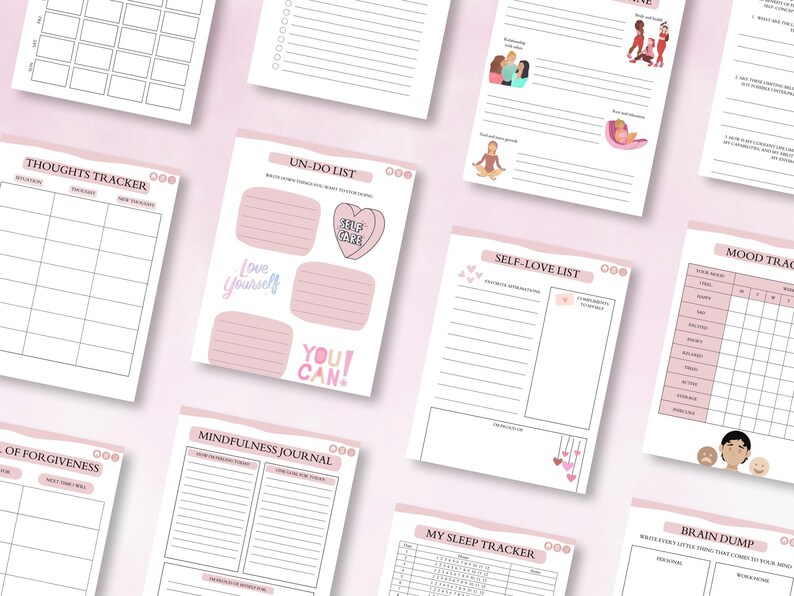 May include: A set of printable pink and white planner pages with various self-care and wellness themes. The pages include sections for tracking thoughts, mood, sleep, and mindfulness. There are also sections for self-love lists, un-do lists, and brain dumps.
