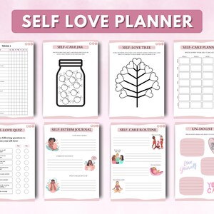 May include: A printable self-love planner with pages for self-care, self-esteem, and goal setting. The planner features illustrations of jars, trees, and people.