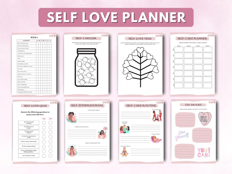 May include: A printable self-love planner with pages for self-care, self-esteem, and goal setting. The planner features illustrations of jars, trees, and people.